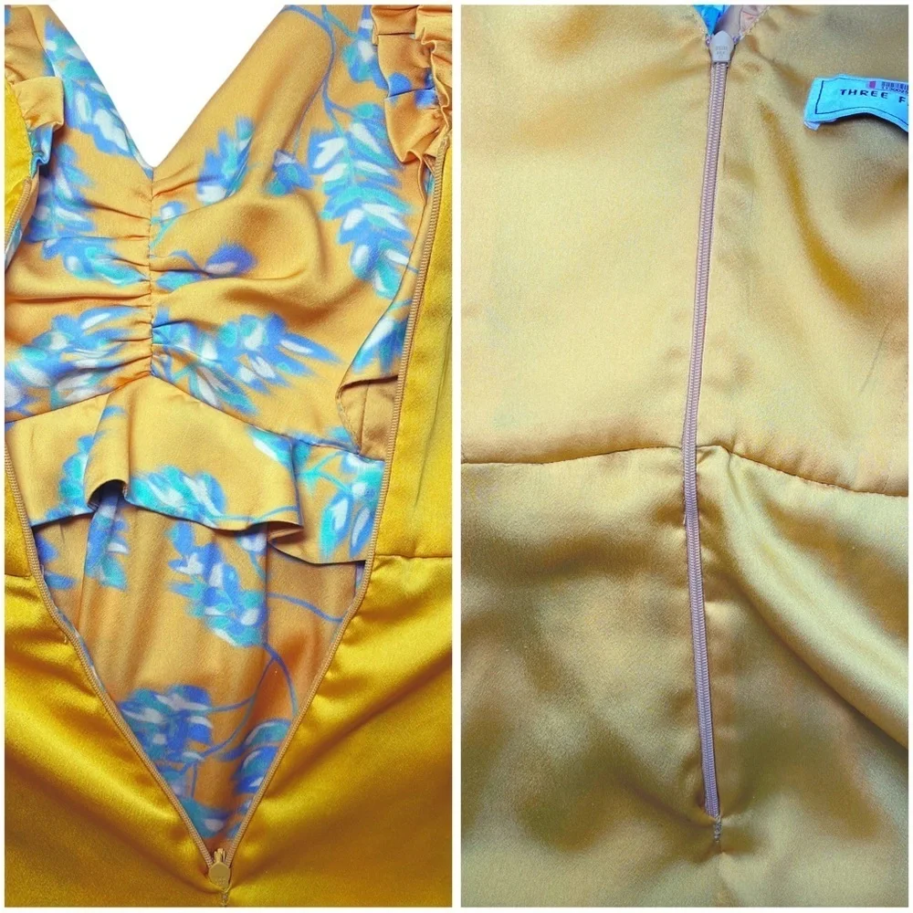 Three Floor Lemonana Dress Yellow Aqua Print
Ruffle Flutter Sleeve Midi - Picture 14 of 16